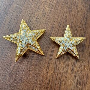 Vintage Joan Rivers Gold Tone Celestial Rhinestone Star Pair Brooches, 1990s